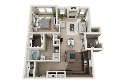 A 3D floor plan of a small apartment with a kitchen, living room, and bedrooms.